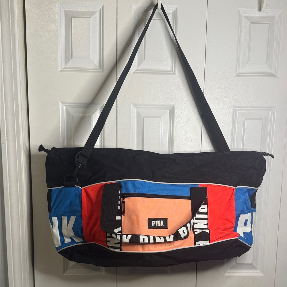 PINK Victoria's Secret Black Colorblock Duffel with Blue, Red & Peach Panels